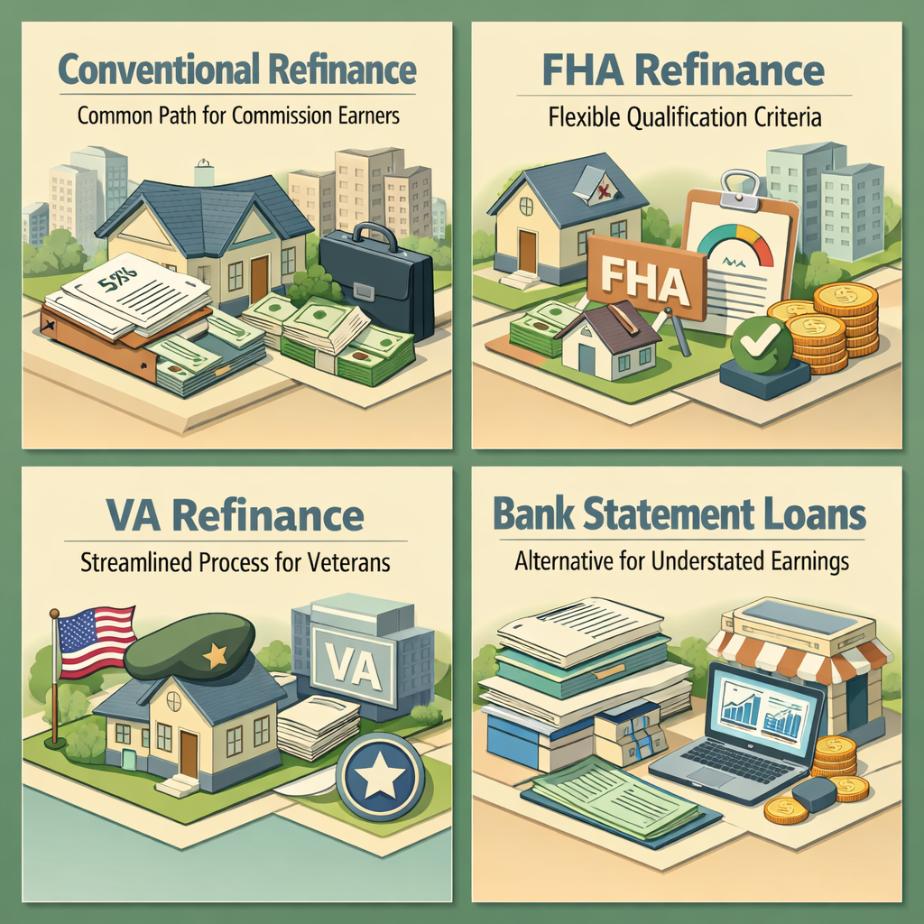 Infographic showing refinancing options for commission earners including Conventional, FHA, VA, and Bank Statement Loans.