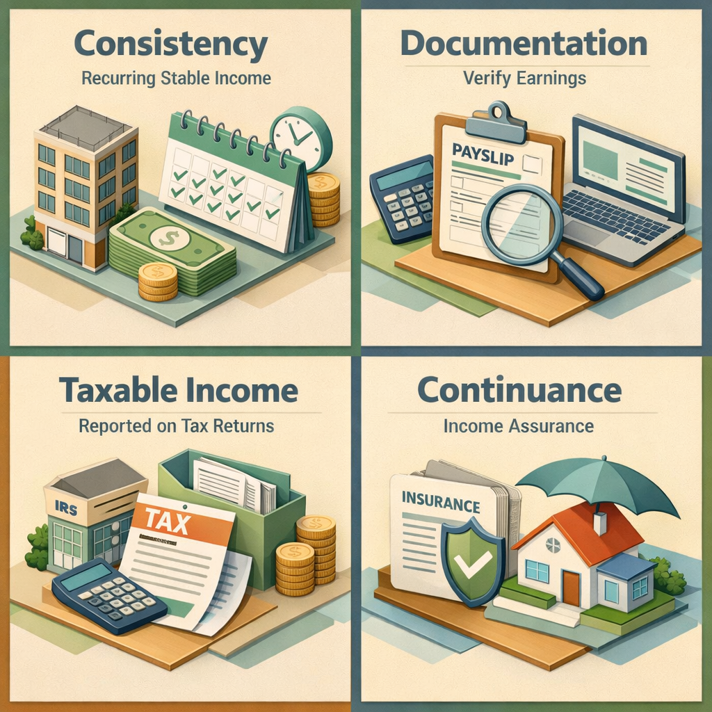 Infographic showing criteria for evaluating crypto mining income for mortgage qualification: Consistency, Documentation, Taxable Income, Continuance.