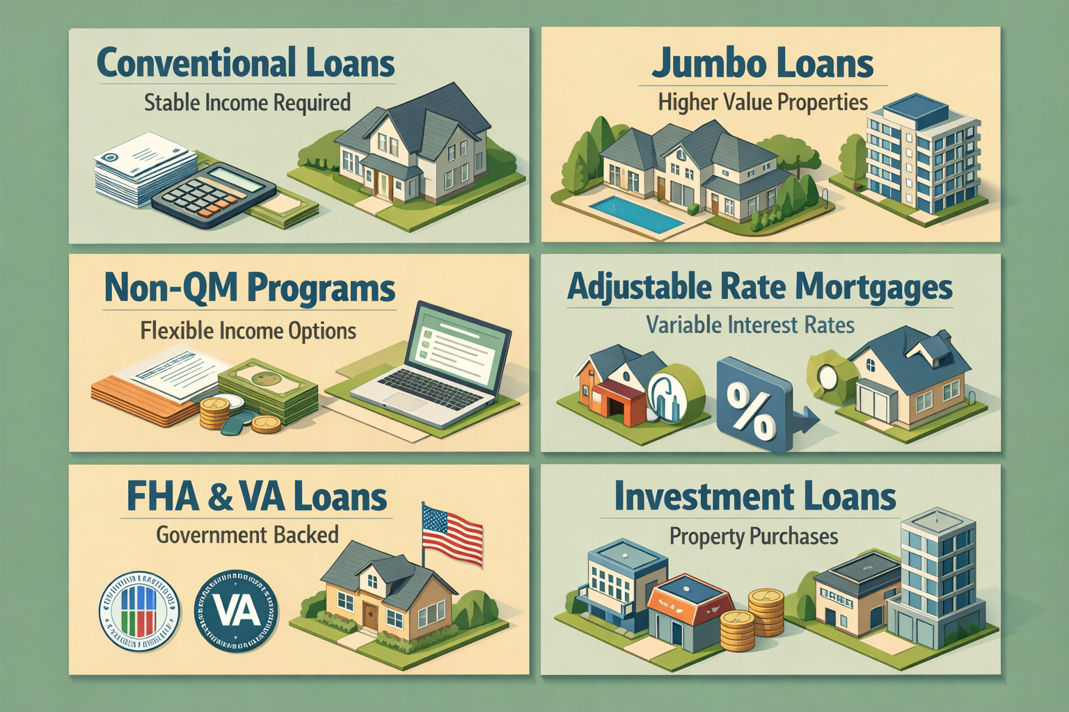 Infographic showing loan programs for refinancing with dividend income: Conventional Loans, Jumbo Loans, Non-QM Programs.