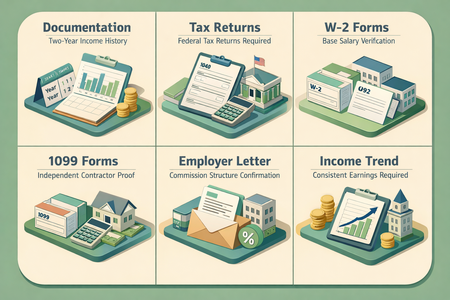 Infographic detailing documentation requirements for refinancing ARM mortgages with fluctuating commission income, including tax returns and income trends.