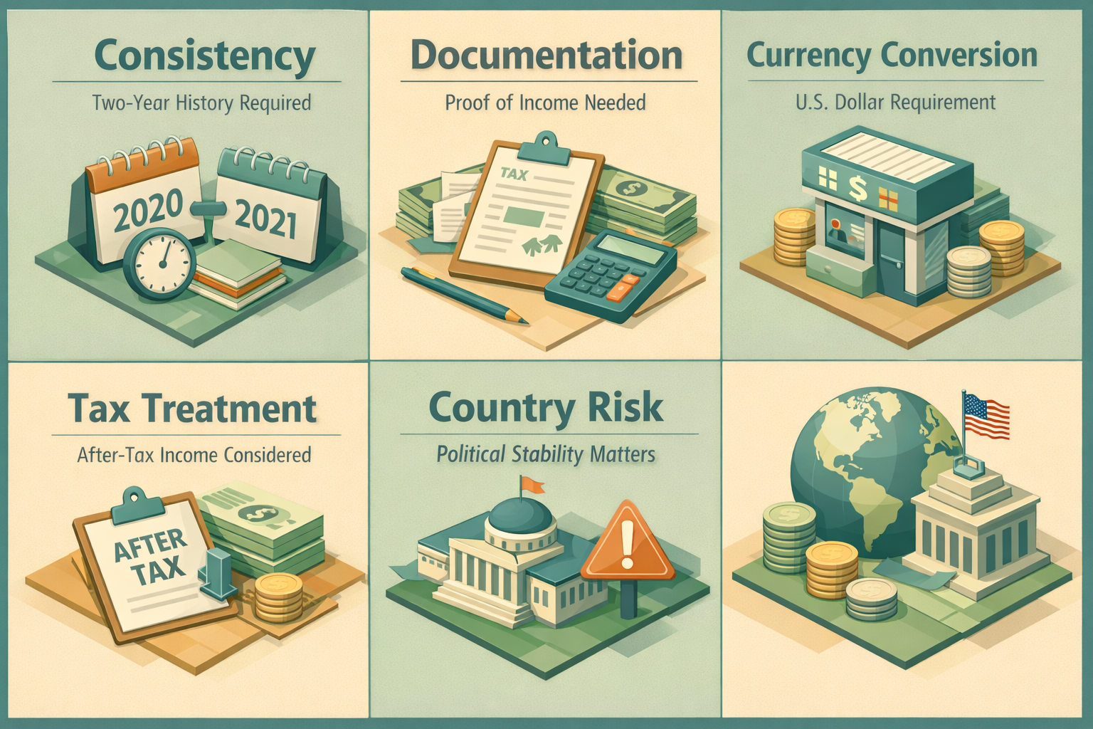 Infographic detailing key factors lenders evaluate for foreign dividend income during underwriting, including consistency and documentation.
