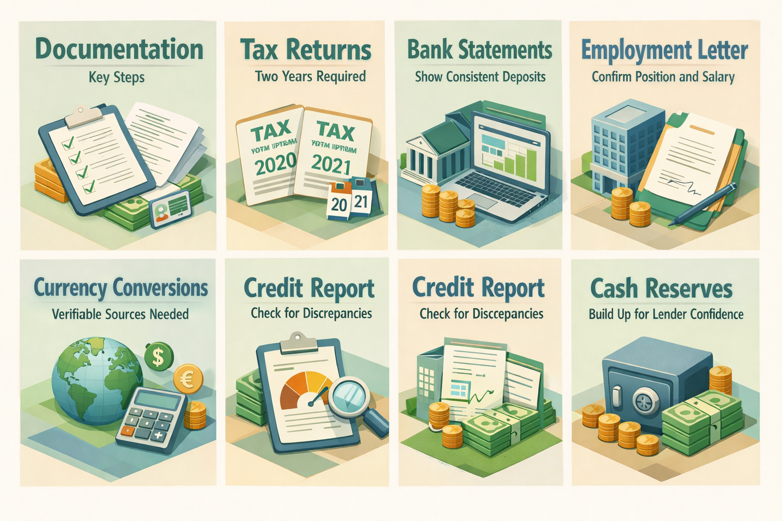 Infographic detailing key documentation steps for refinancing an ARM mortgage with foreign income, including tax returns and bank statements.