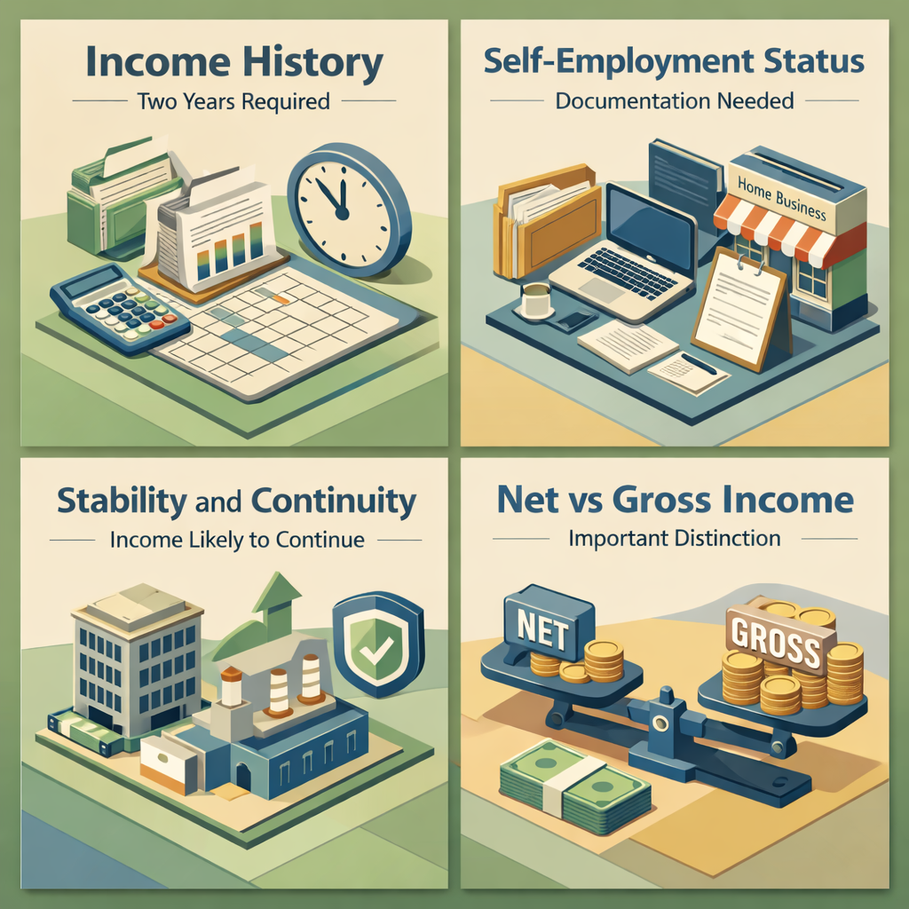 Infographic detailing factors lenders consider for refinancing with secondary income: income history, self-employment status, stability, net vs gross income.