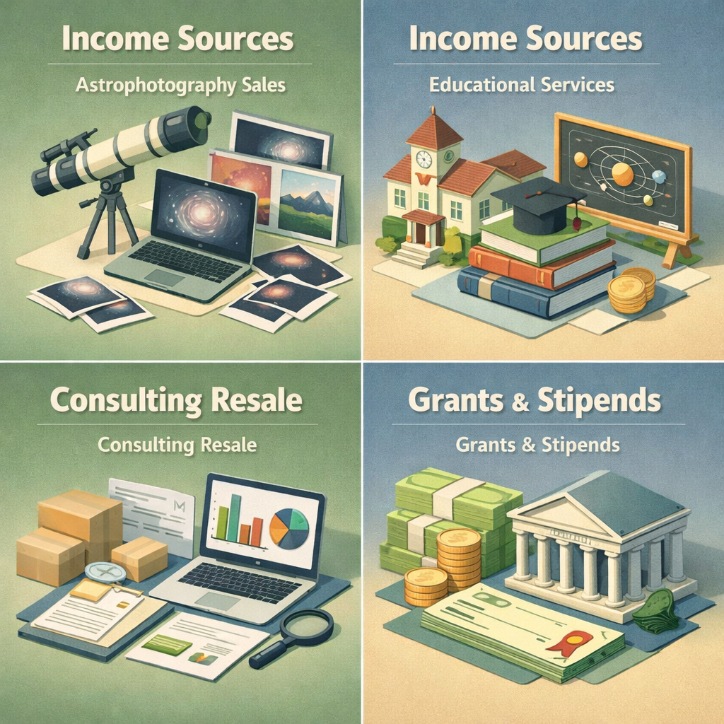 Infographic showing income sources for refinancing ARM mortgage: astrophotography sales, educational services, consulting resale, grants stipends.