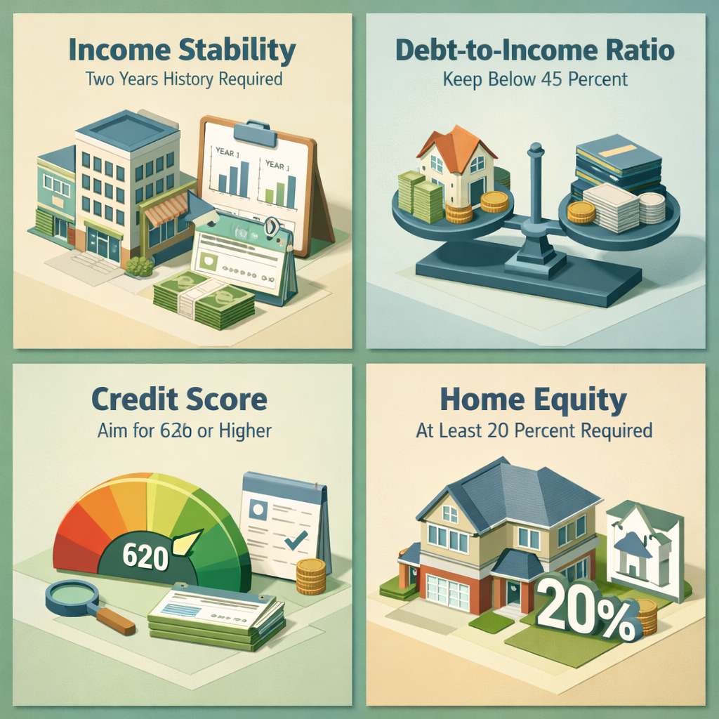 Infographic illustrating key factors for refinancing mortgage with freelance income: income stability, debt-to-income ratio, credit score, and home equity.