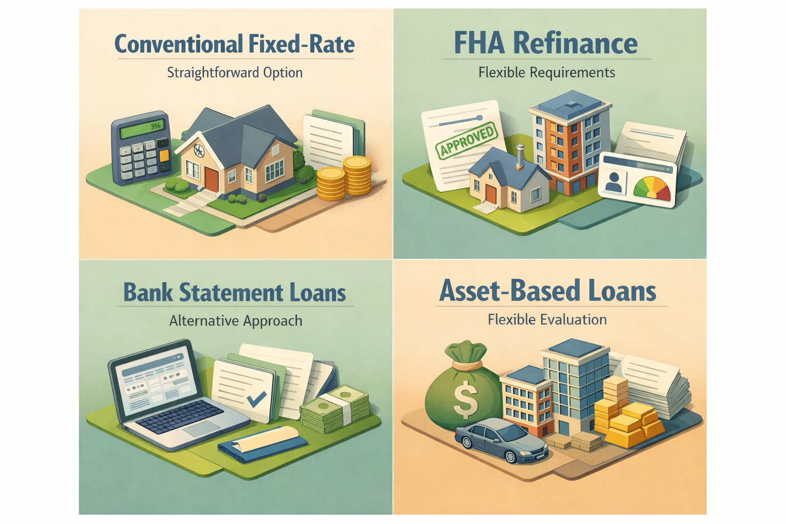 Infographic showing refinancing options for freelancers: Conventional Fixed-Rate, FHA Refinance, Bank Statement Loans, Asset-Based Loans.