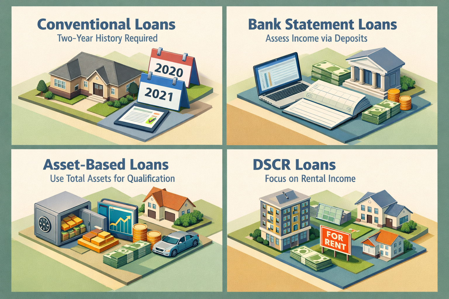Infographic showing loan options for refinancing ARM mortgage with income from rare book appraisals including Conventional, Bank Statement, Asset-Based, and DSCR loans.