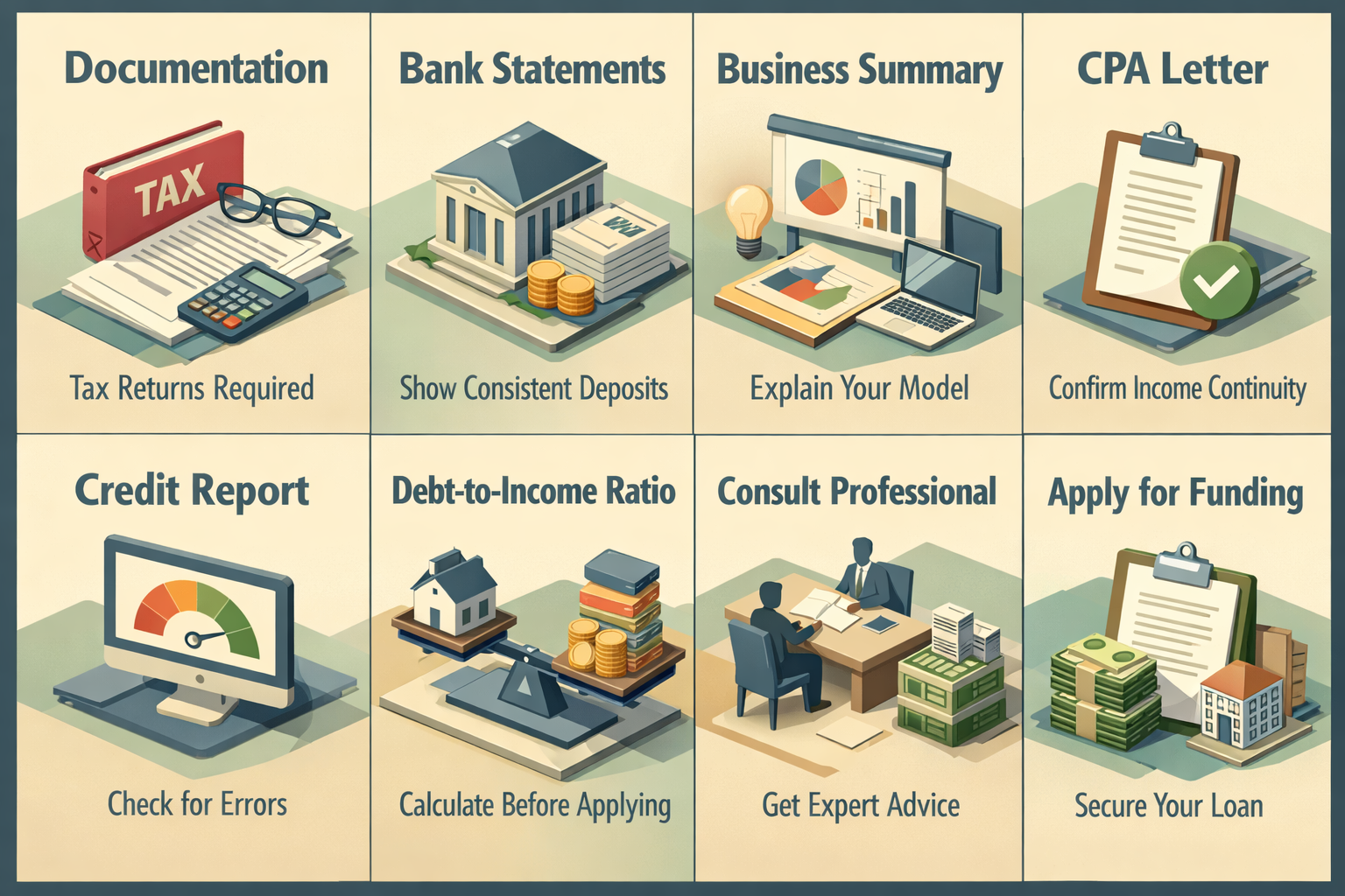 Infographic detailing steps for refinancing an ARM mortgage with income from rare book sales, including documentation and preparation tips.