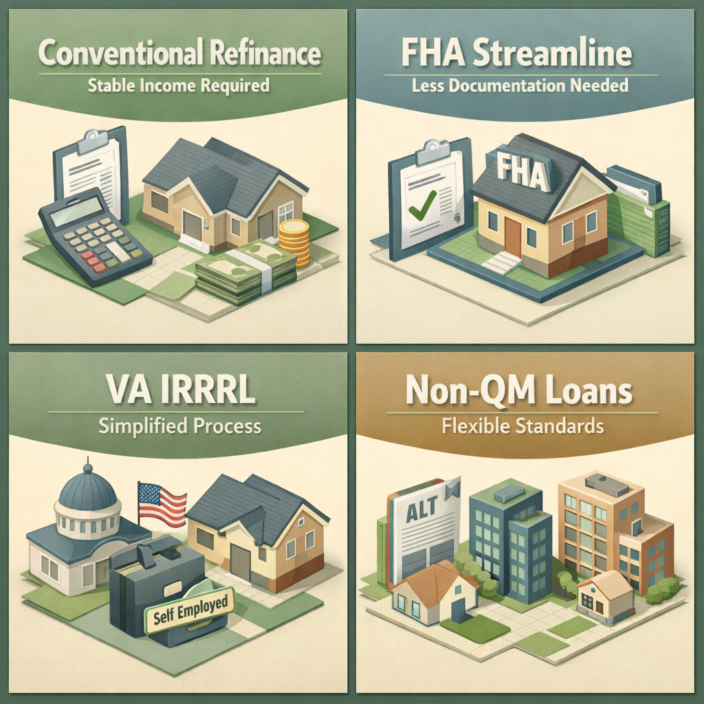 Infographic showing refinancing options for ARM mortgage after job change including Conventional, FHA, VA, and Non-QM loans.