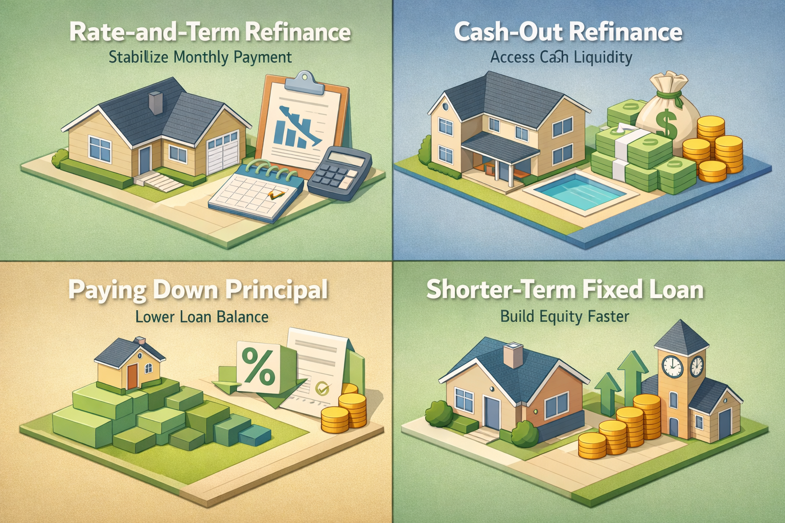 Infographic showing refinancing strategies: Rate-and-Term, Cash-Out, Paying Down Principal, Shorter-Term Fixed Loan.