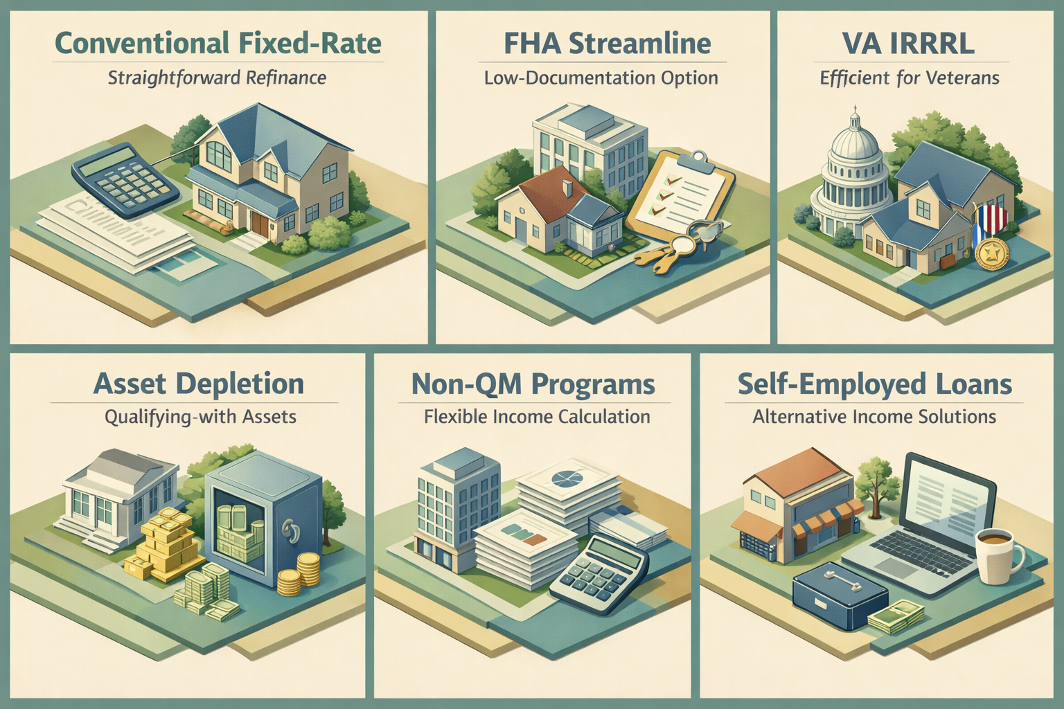 Infographic showing refinancing options for retirees including Conventional Fixed-Rate, FHA Streamline, VA IRRRL, Asset Depletion, and Non-QM Programs.