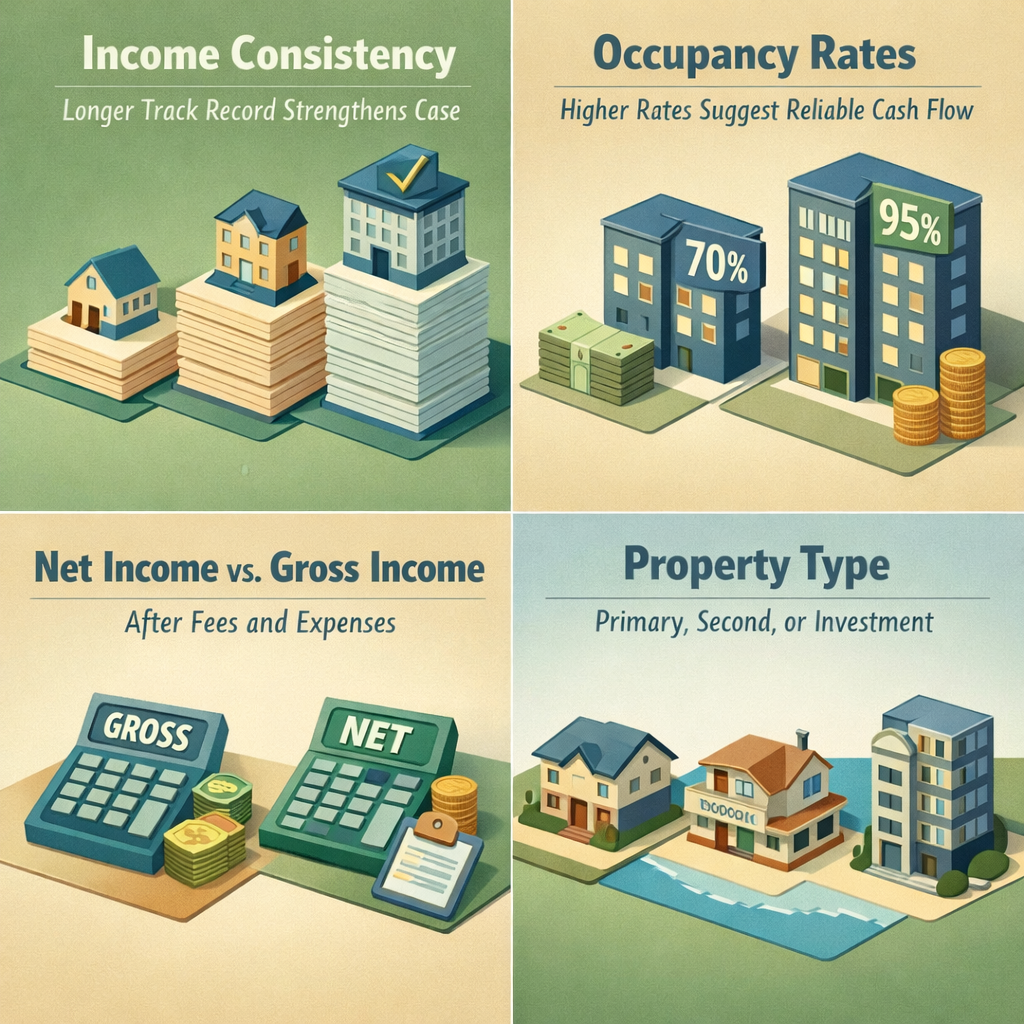 Infographic showing factors lenders evaluate for refinancing with short-term rental income: income consistency, occupancy rates, net vs gross income, property type.
