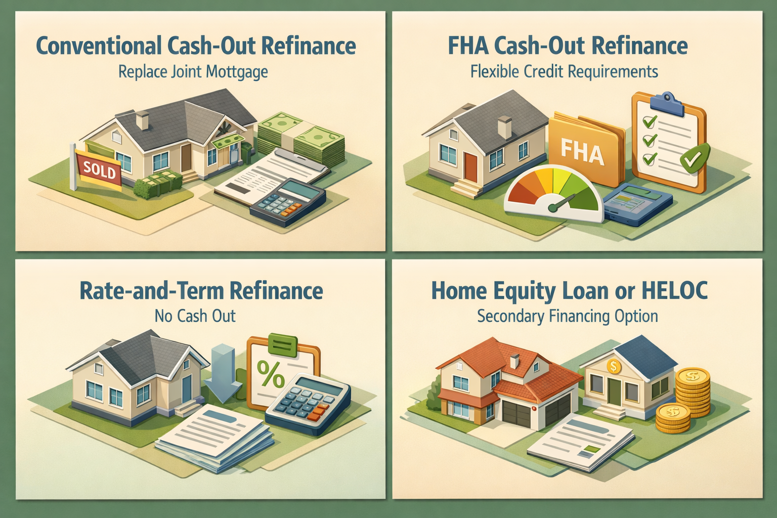 Infographic showing refinancing options for buying out an ex-spouse: Conventional Cash-Out, FHA Cash-Out, Rate-and-Term Refinance, Home Equity Loan.