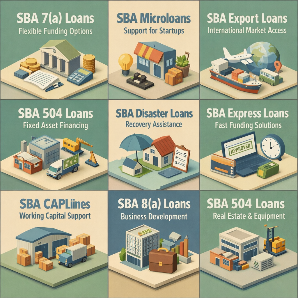 Infographic showing SBA loan options for cheese businesses including 7(a) loans, microloans, and export loans.