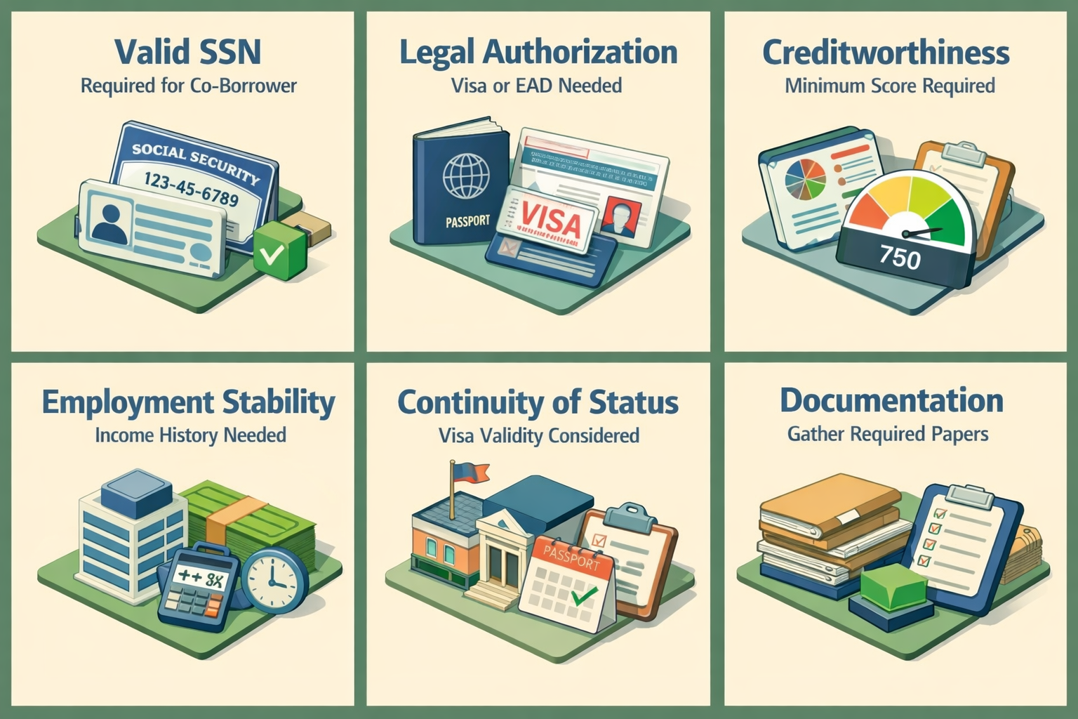 Infographic detailing eligibility factors for FHA loans with a foreign co-borrower, including SSN, visa, credit, and documentation requirements.