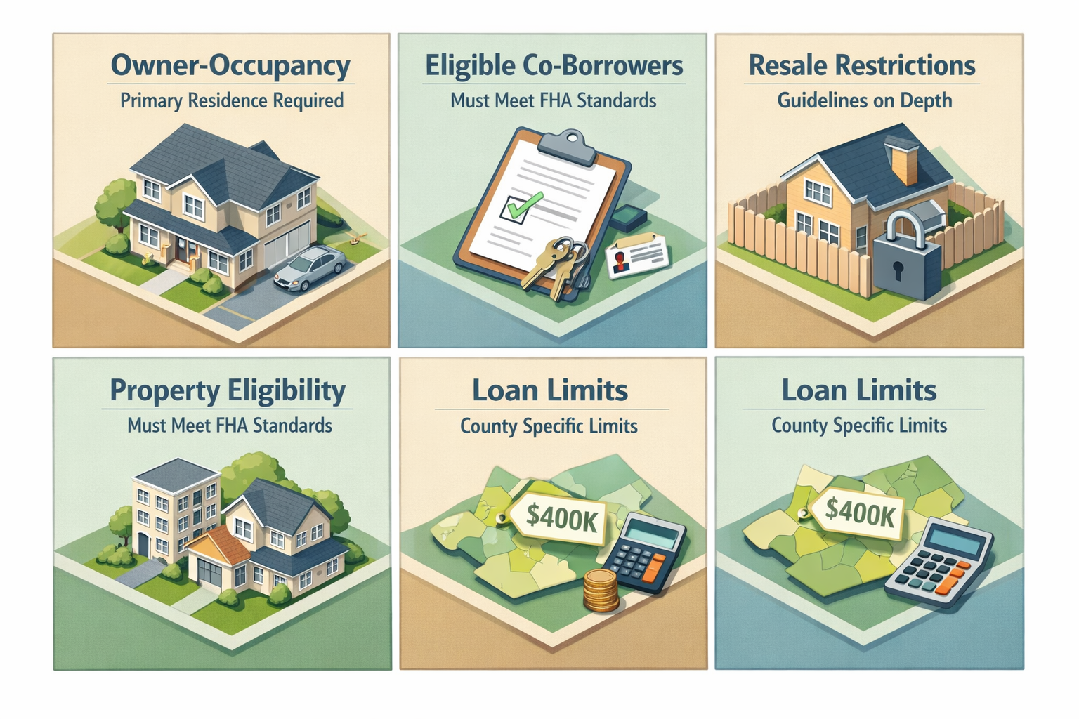 Infographic detailing FHA loan co-housing requirements: owner-occupancy, eligible co-borrowers, resale restrictions, property eligibility, and loan limits.