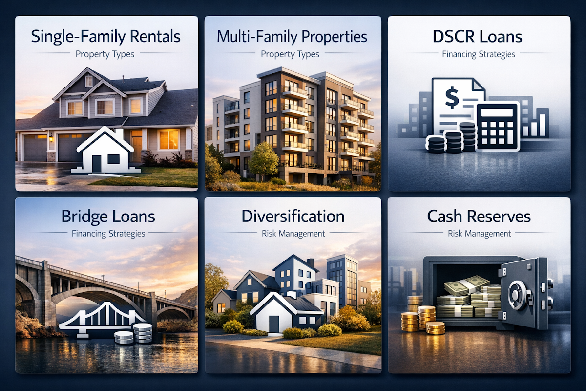 Infographic showing property types, financing strategies, and risk management for real estate investment opportunities.