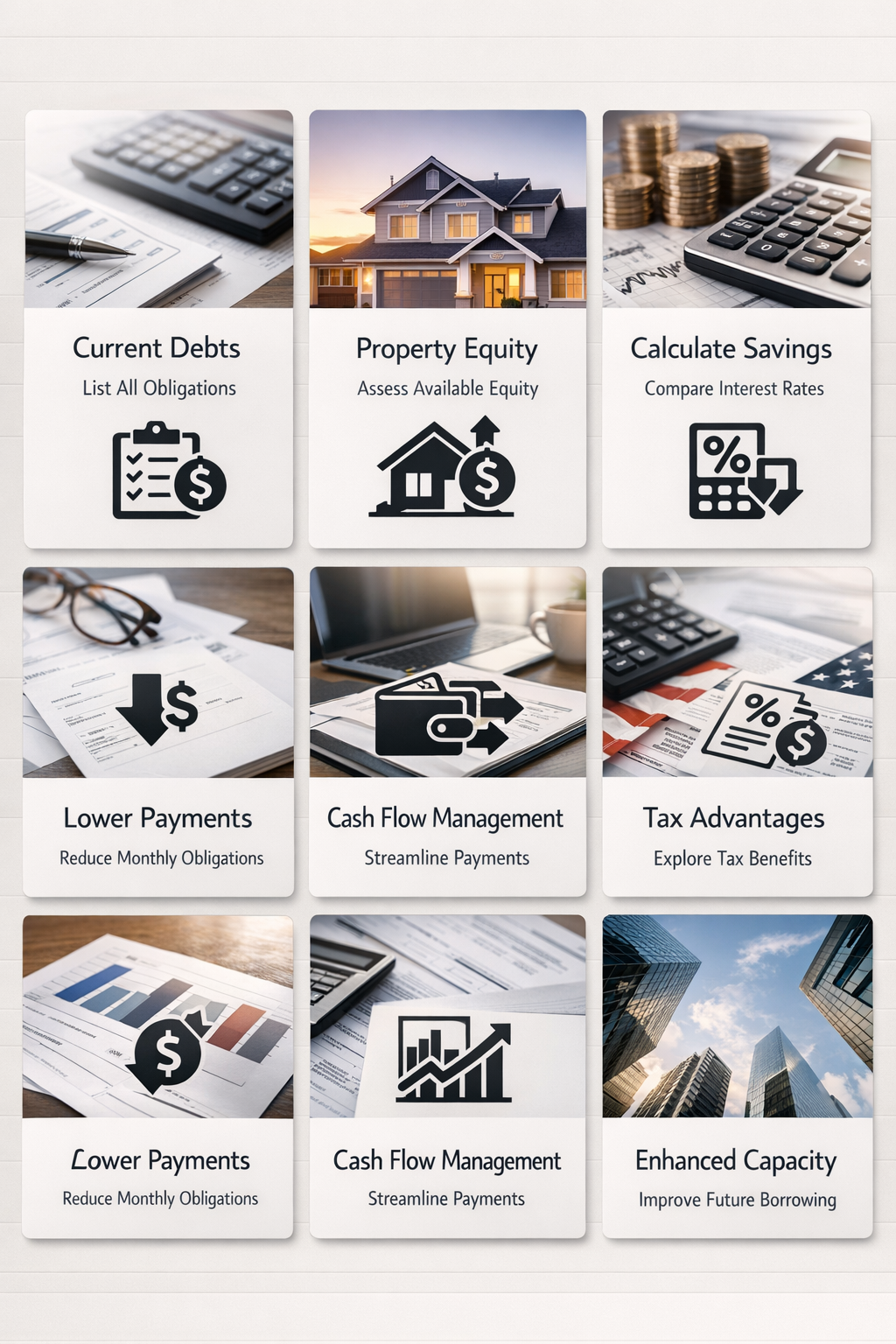 Step-by-step process for mortgage debt consolidation with key factors like current debts, property equity, and savings calculation.