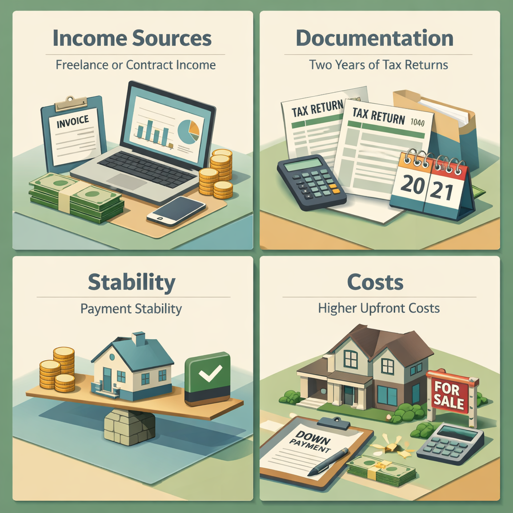 Infographic showing income sources, documentation needed, payment stability, and costs for refinancing ARM mortgages for digital nomads.