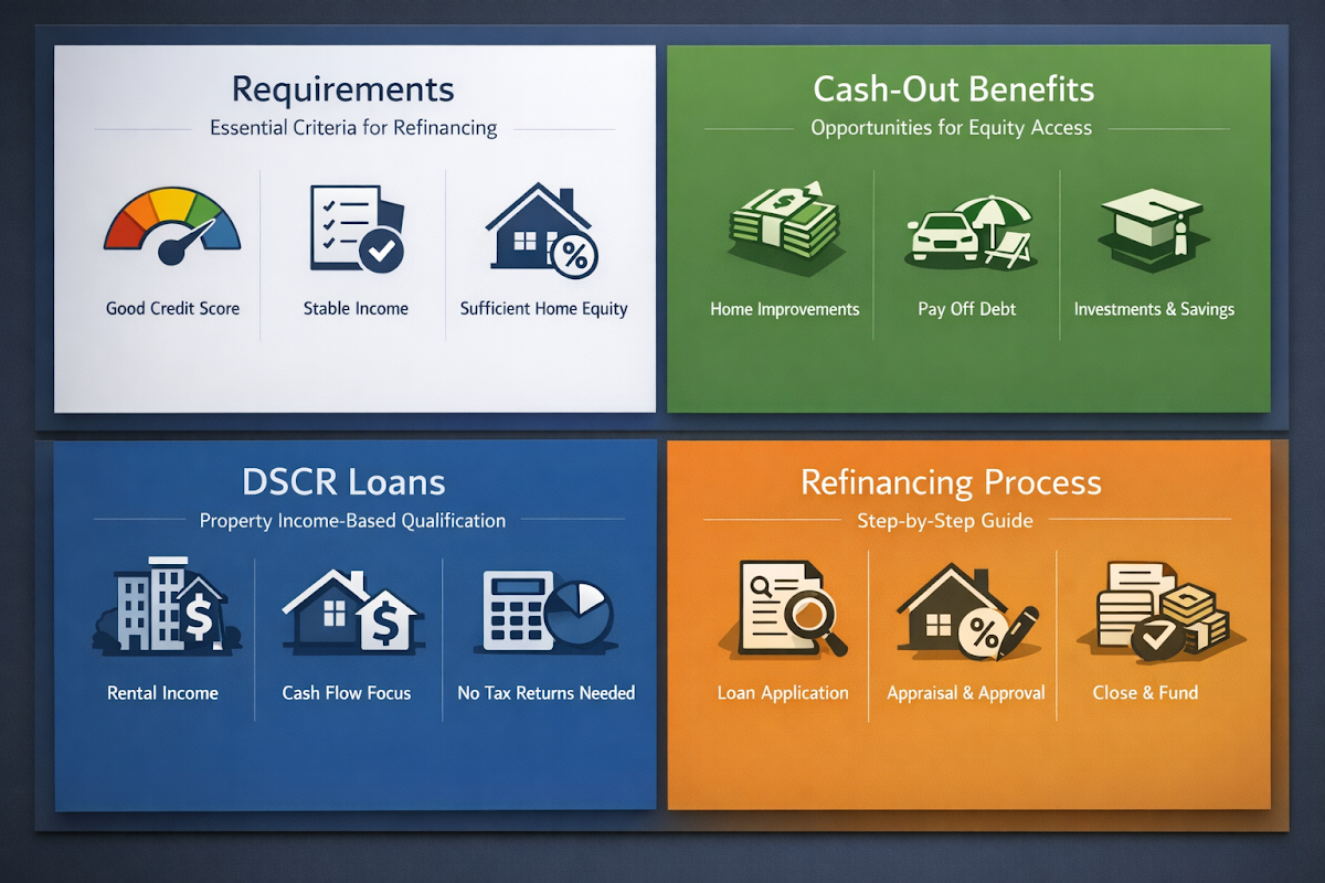 Visual representation of the step-by-step refinancing process for investment properties, including requirements and benefits.