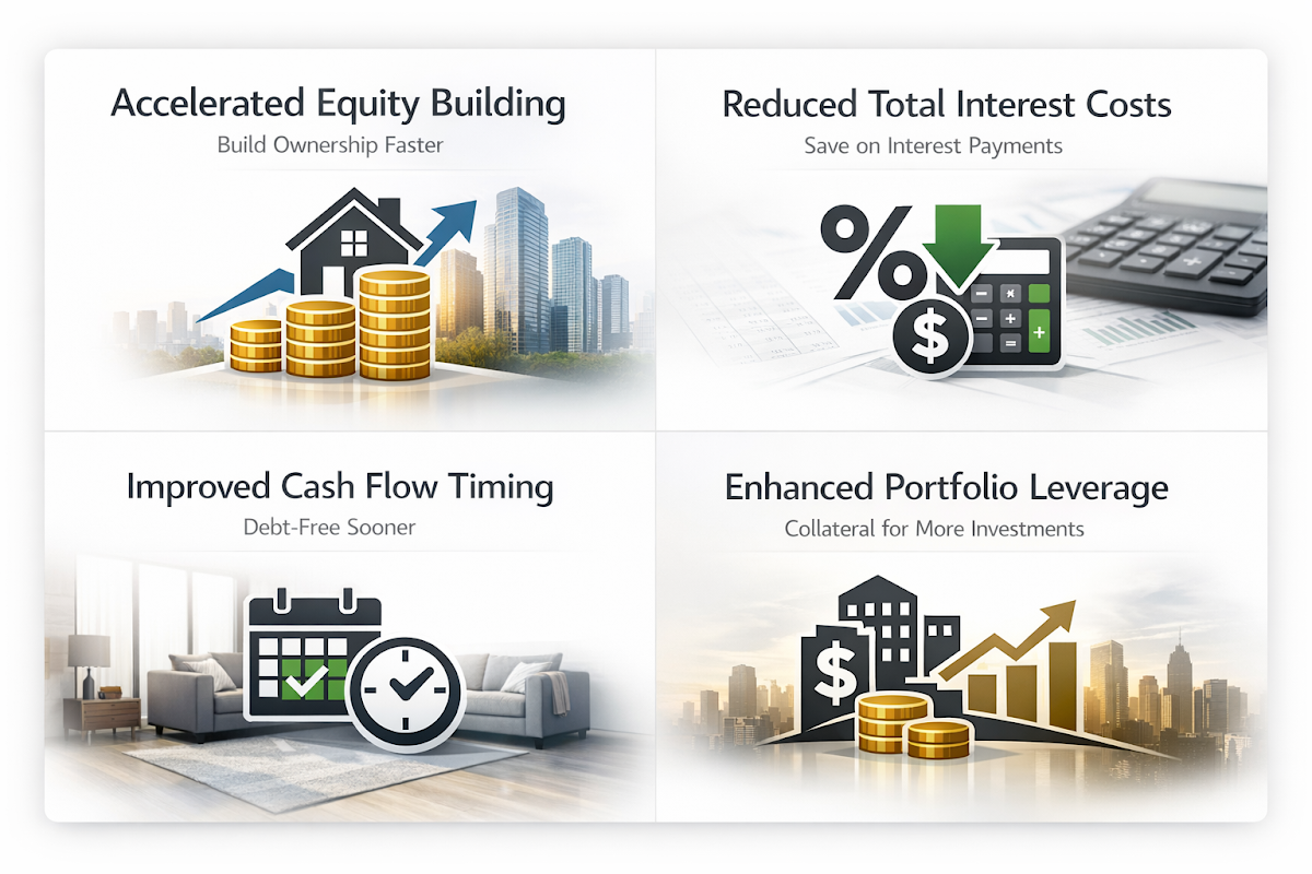 Infographic showing benefits of shorter mortgage terms: equity building, interest savings, cash flow timing, and portfolio leverage.