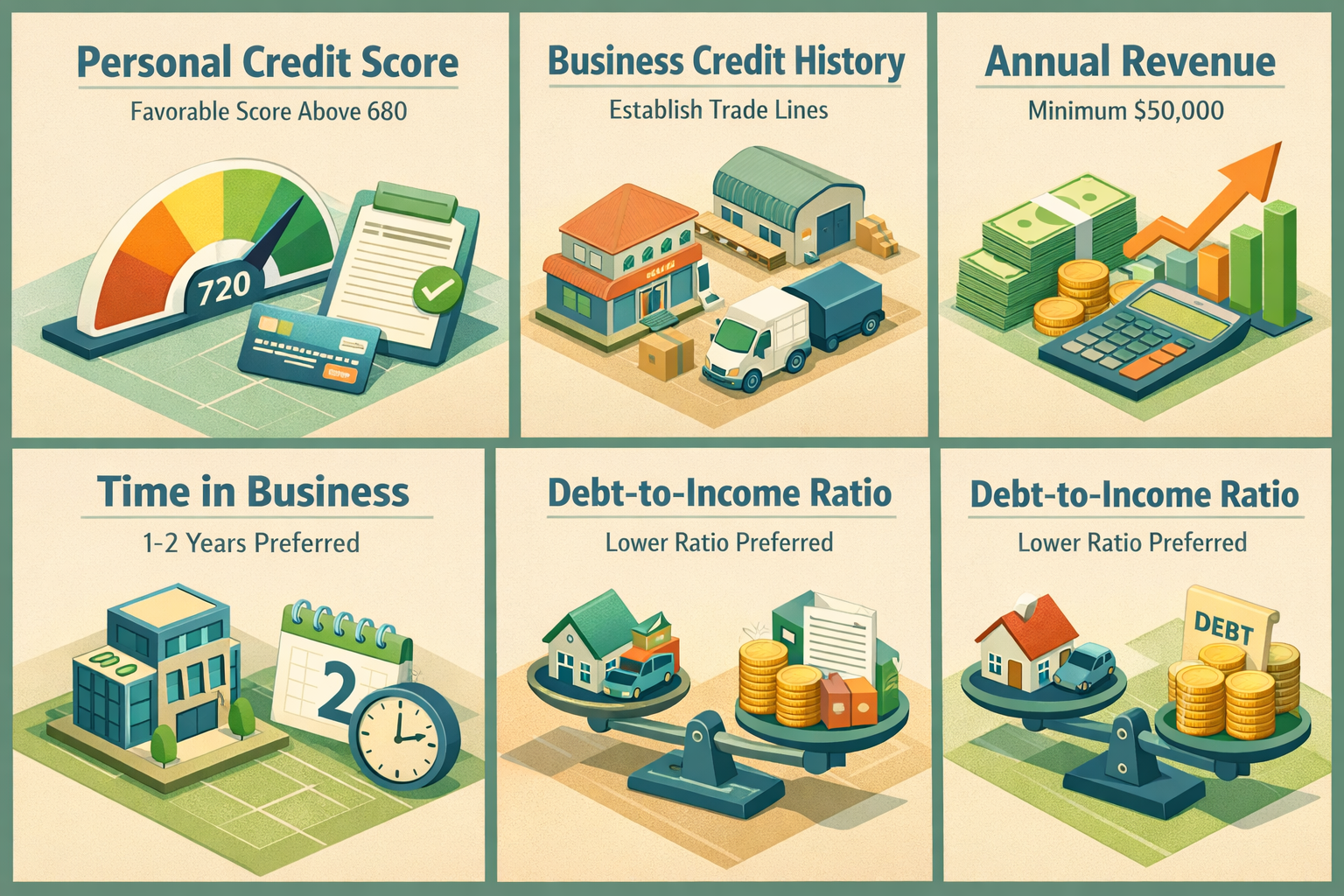 Infographic showing core credit requirements for a business line of credit including credit score, history, revenue, and more.