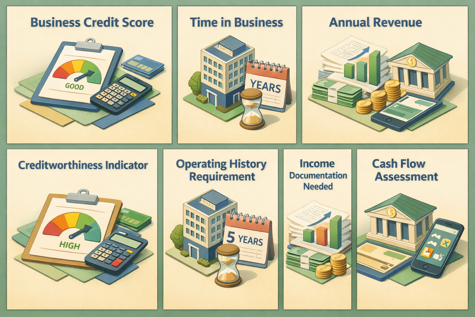 Infographic showing requirements for a business line of credit for esports teams including credit score, time in business, revenue, and bank activity.