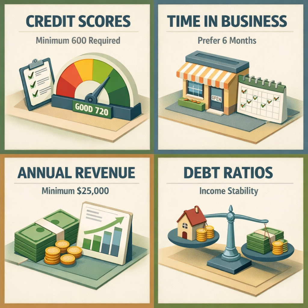 Infographic showing eligibility factors for a business line of credit for dog walkers including credit scores, time in business, revenue, and debt ratios.