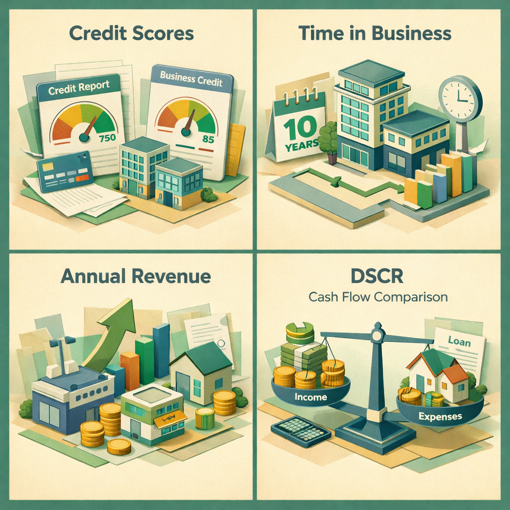 Infographic showing credit scores, time in business, annual revenue, and DSCR for rare coin dealers seeking financing.