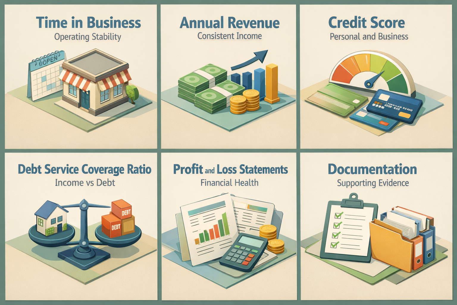 Infographic showing core financial requirements for a business line of credit for rare coin dealers including time in business and credit score.