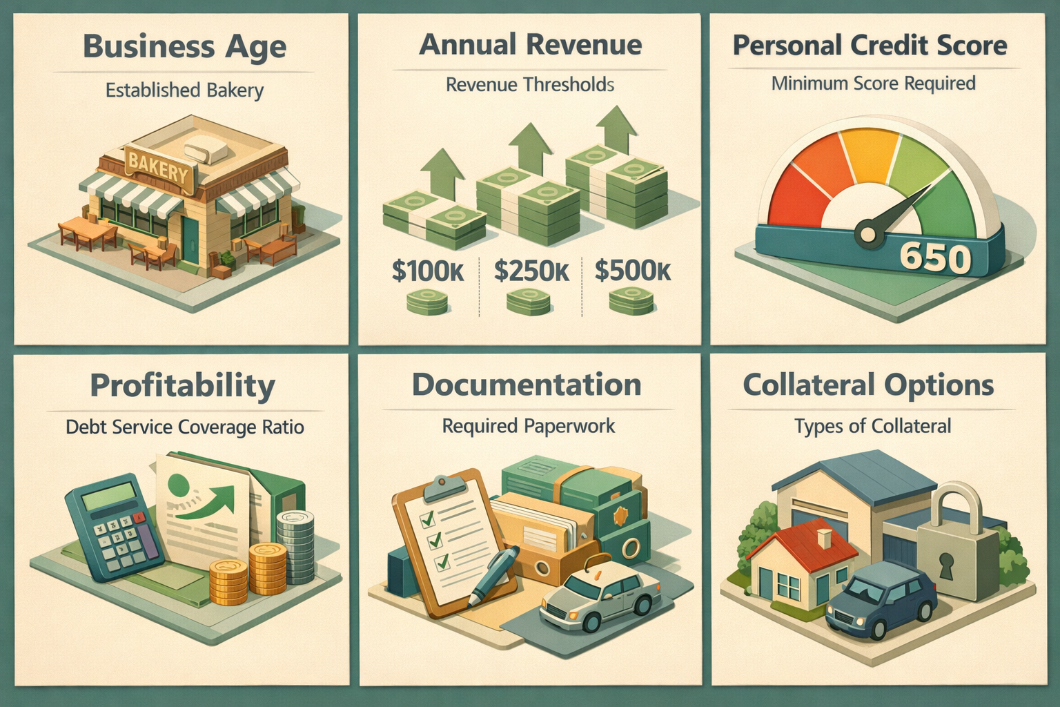 Infographic showing requirements for a business line of credit for a seasonal bakery including business age, revenue, credit scores, profitability, documentation, and collateral options.