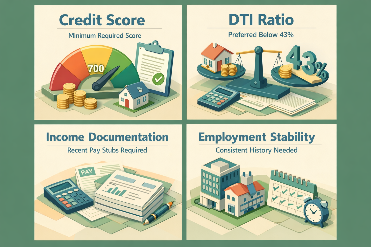 Infographic showing credit score, DTI ratio, income documentation, and employment stability for construction loans.