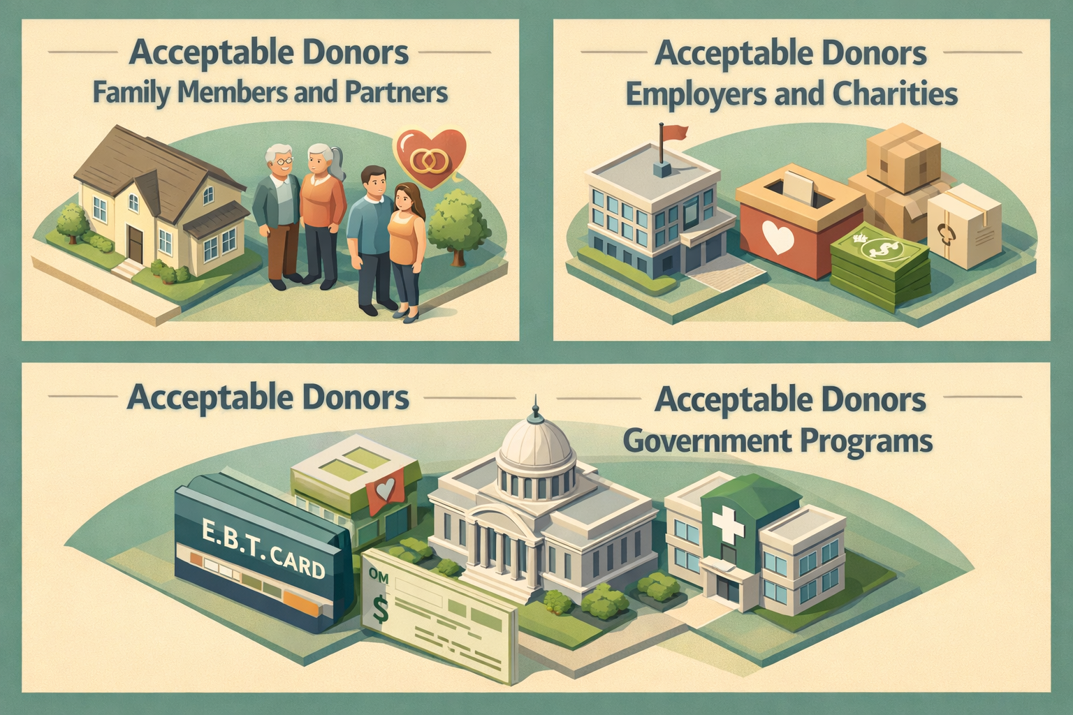 Infographic showing acceptable donors for a conventional mortgage down payment, including family, employers, and government programs.