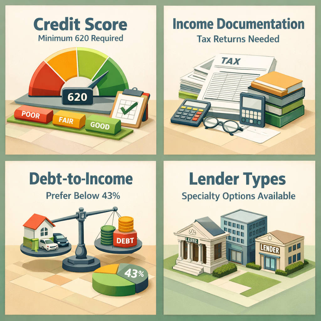 Infographic showing credit score requirements, income documentation, debt-to-income ratios, and lender types for vineyard HELOCs.