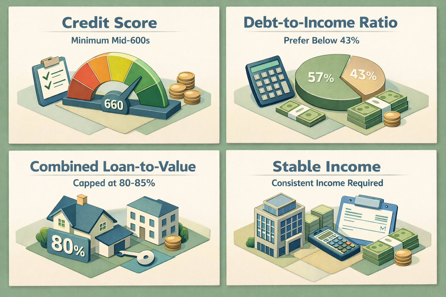 Infographic showing borrower qualification standards for a HELOC including credit score, DTI, CLTV, and stable income.