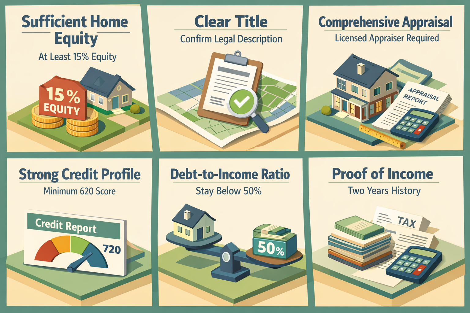 Core requirements for a HELOC on property with multiple adjacent vacant lots including equity, title, appraisal, credit, DTI, and income proof.