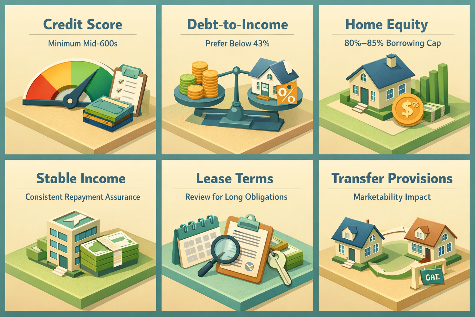 HELOC eligibility requirements including credit score, debt-to-income ratio, home equity, stable income, lease terms, and transfer provisions.