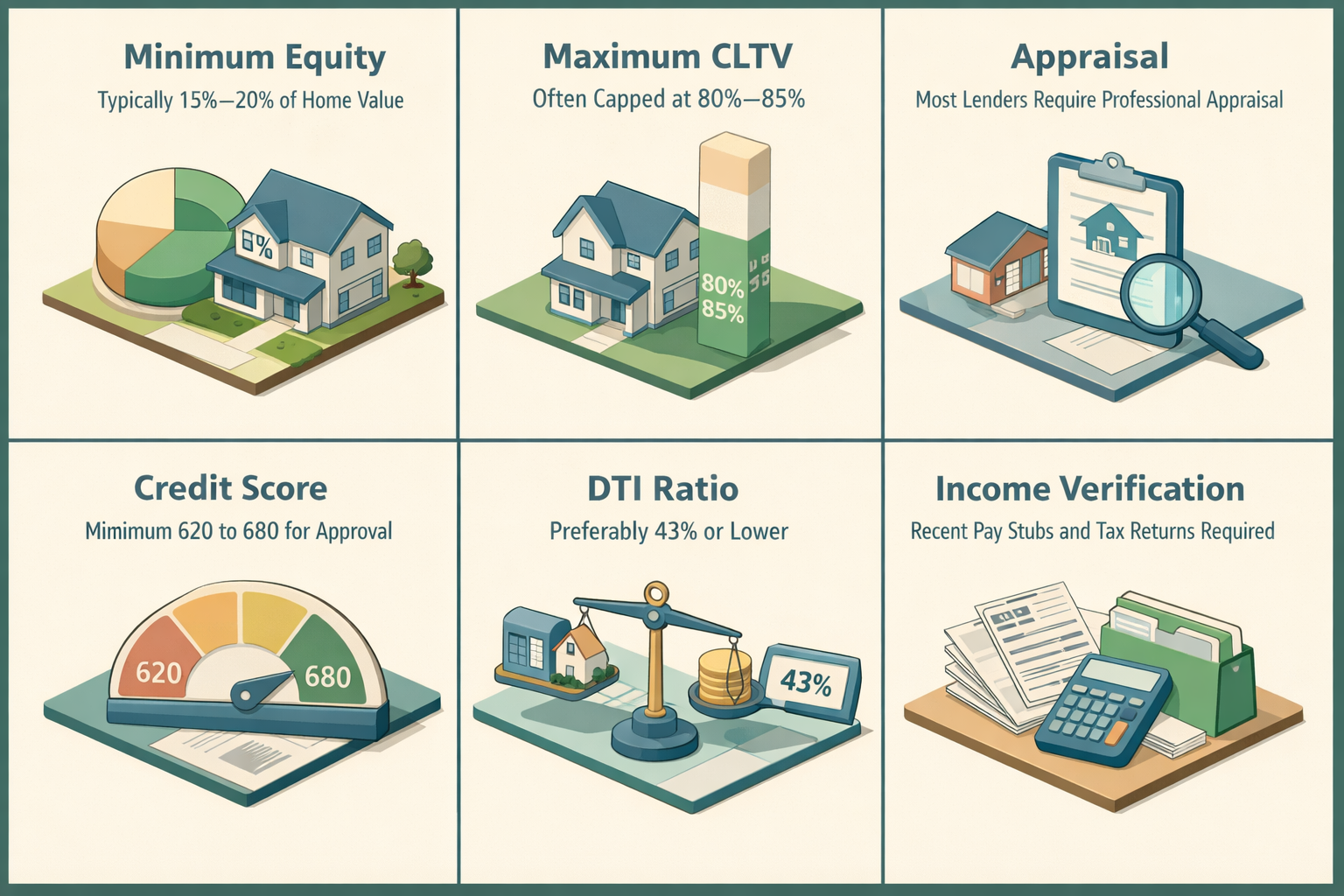 Infographic detailing HELOC requirements including minimum equity, maximum CLTV, appraisal, credit score, DTI ratio, and income verification.