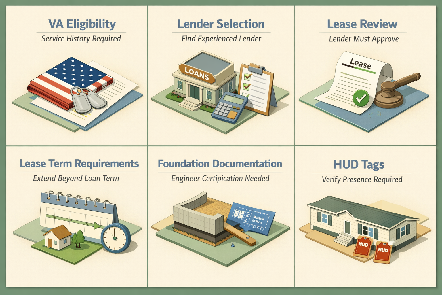 Overview of VA loan requirements for manufactured homes on leased land including eligibility, lender selection, and lease conditions.