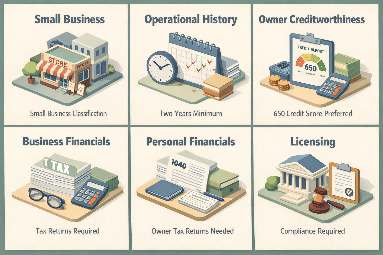 Infographic showing eligibility criteria for SBA loans including business size, operational history, creditworthiness, financial statements, and licensing.