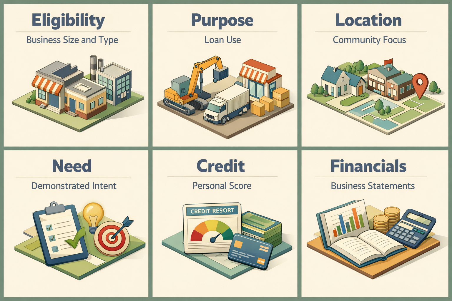 Infographic showing eligibility requirements for SBA microloans including business size, loan purpose, location, need, credit score, and financials.