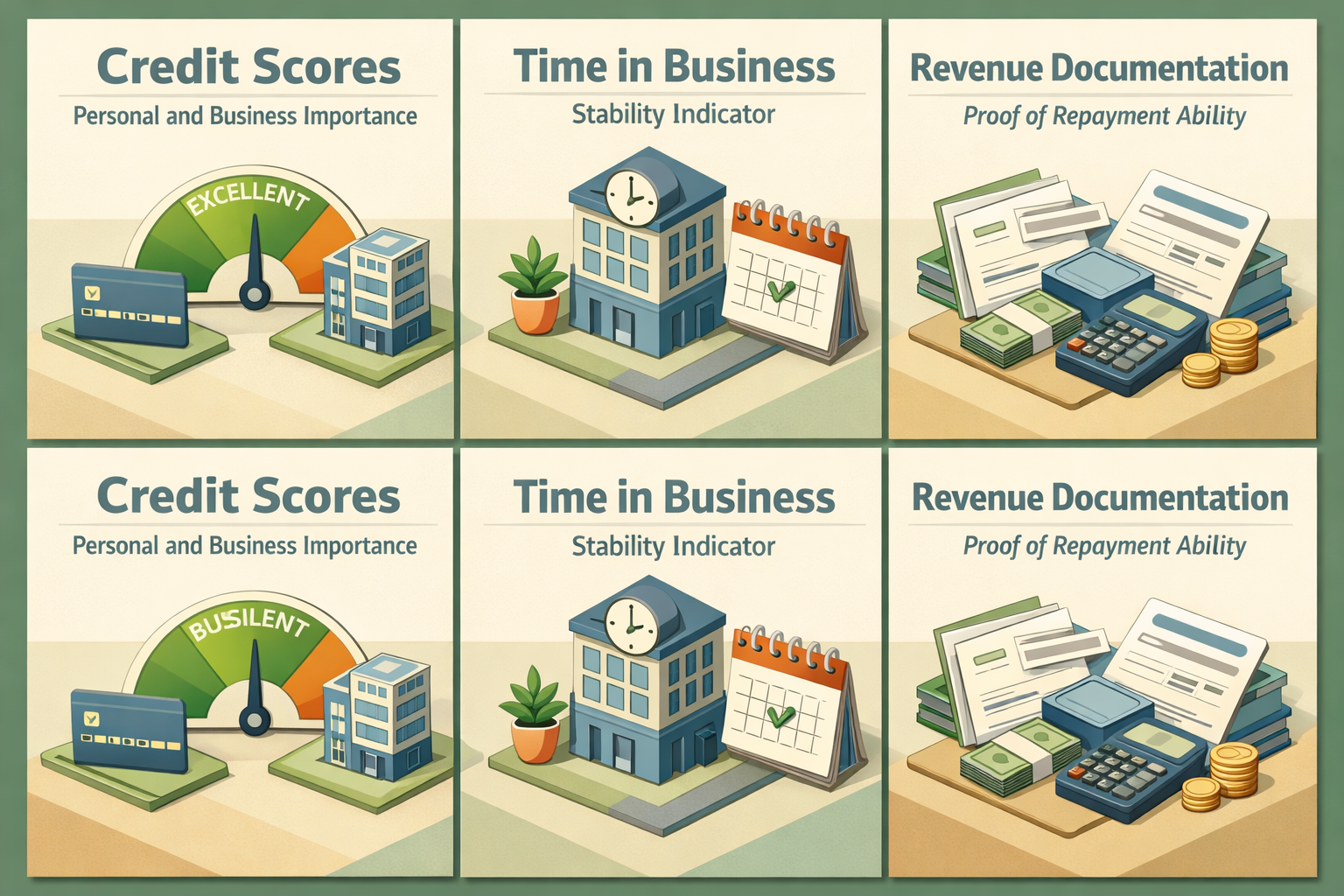 Infographic showing requirements for business line of credit including credit scores, time in business, and revenue documentation.