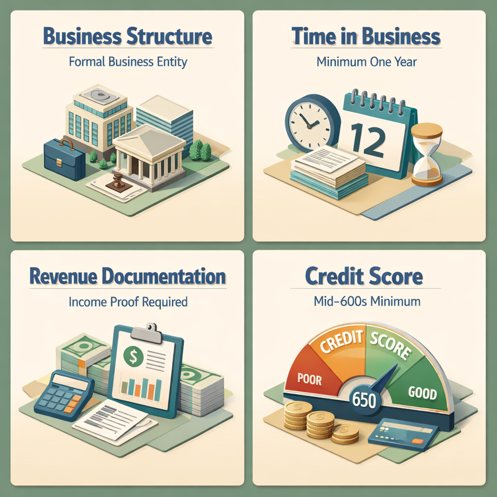 Infographic showing requirements for a business line of credit for freelance musicians including business structure, time in business, revenue documentation, and credit score.