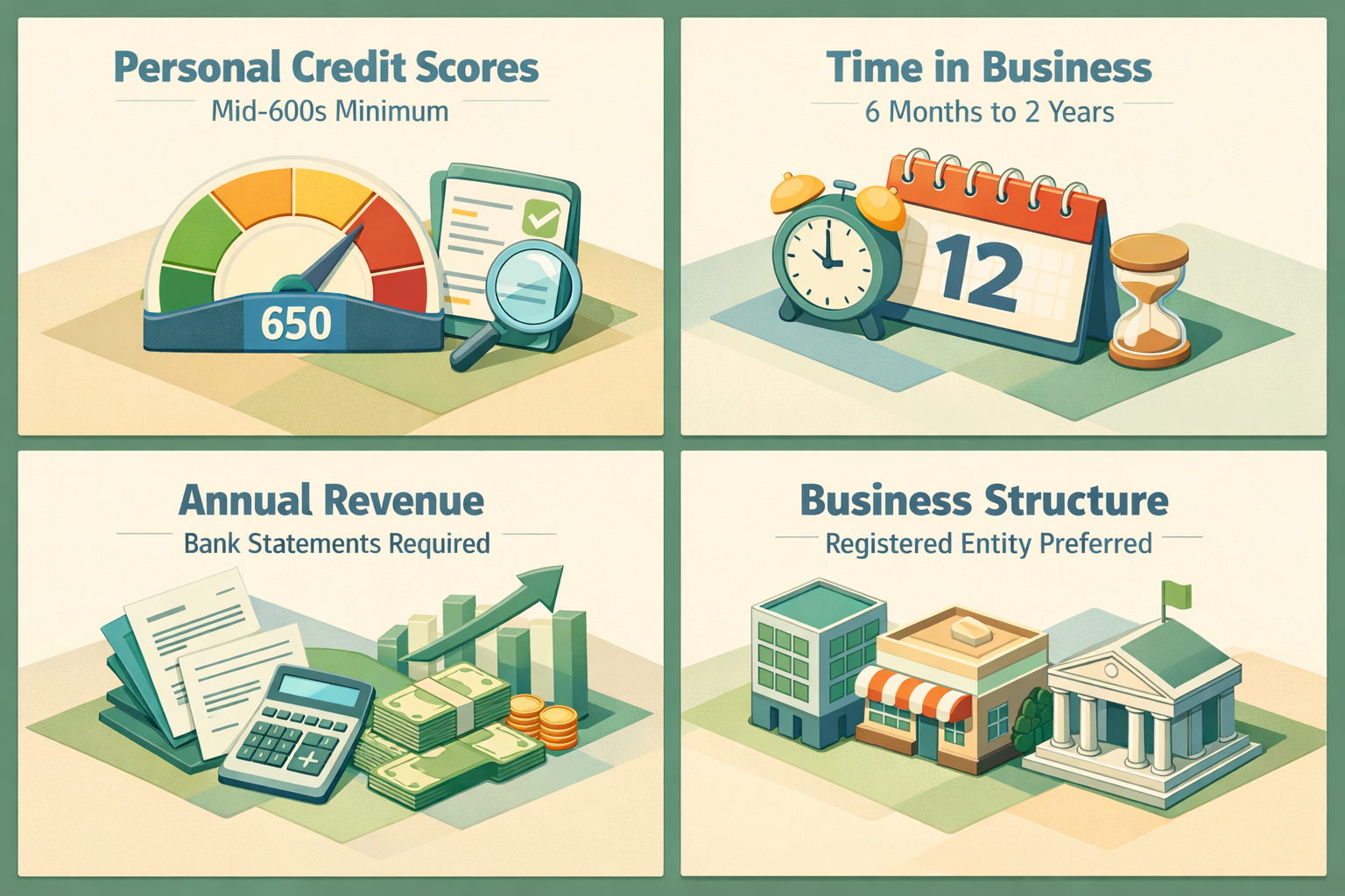 Infographic showing requirements for a business line of credit for freelance software developers including credit scores and business structure.