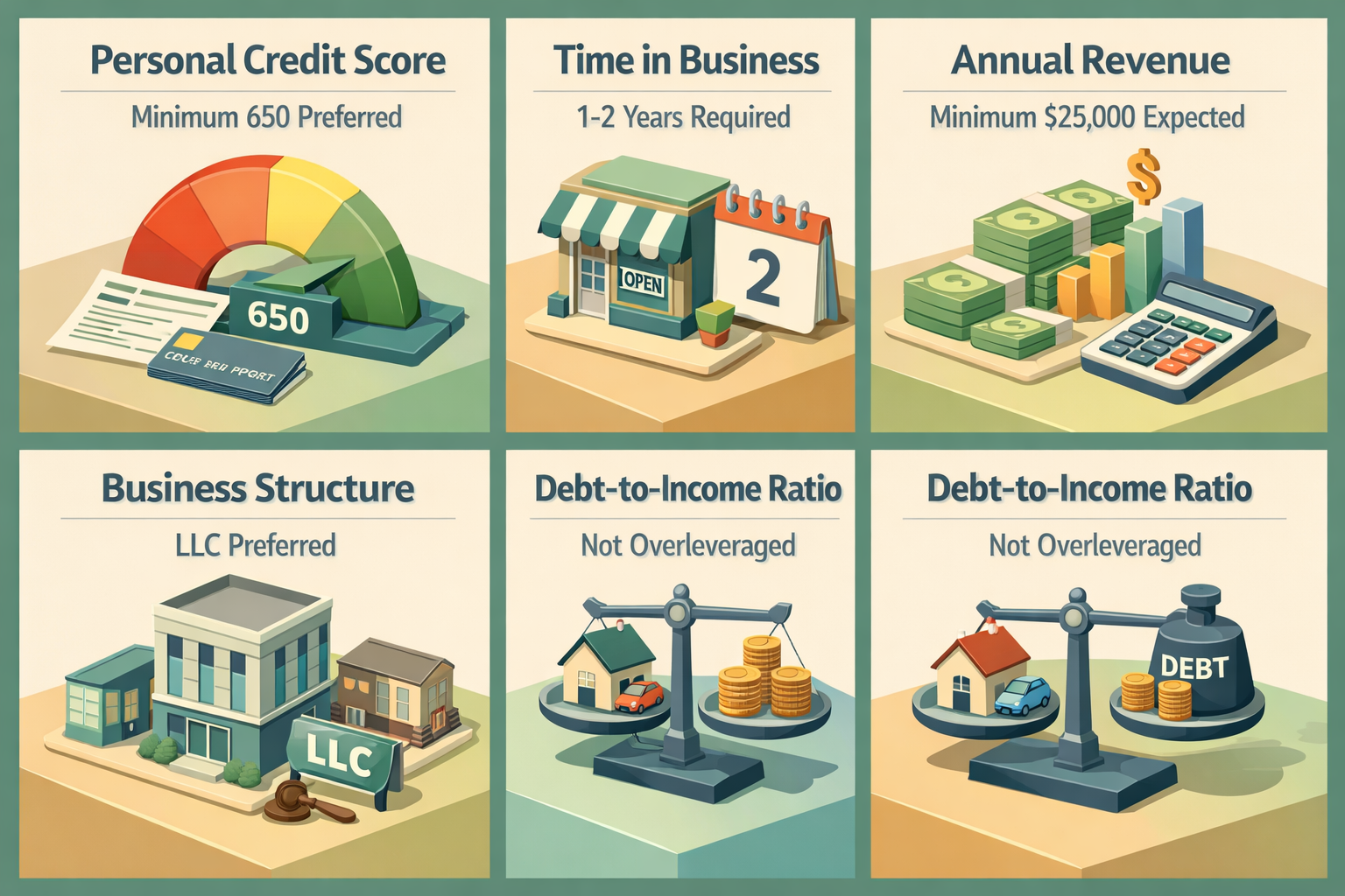 Infographic showing core eligibility criteria for a business line of credit including credit score, time in business, revenue, structure, and debt ratio.