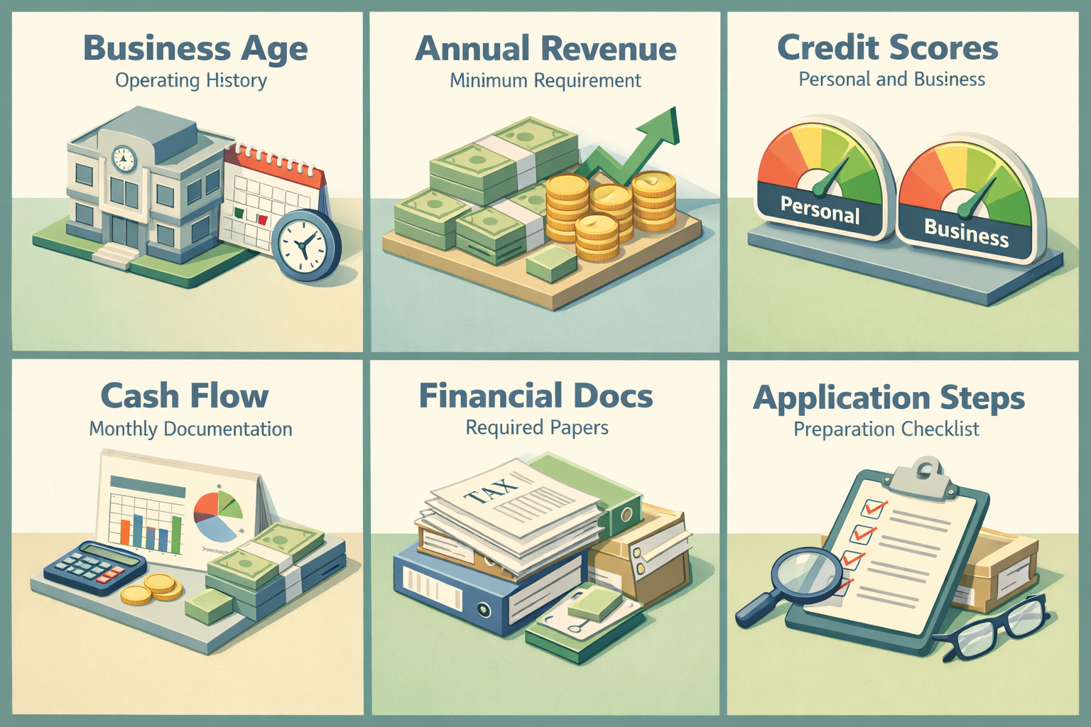Infographic showing requirements for business line of credit including business age, revenue, credit scores, cash flow, financial documents, and application steps.