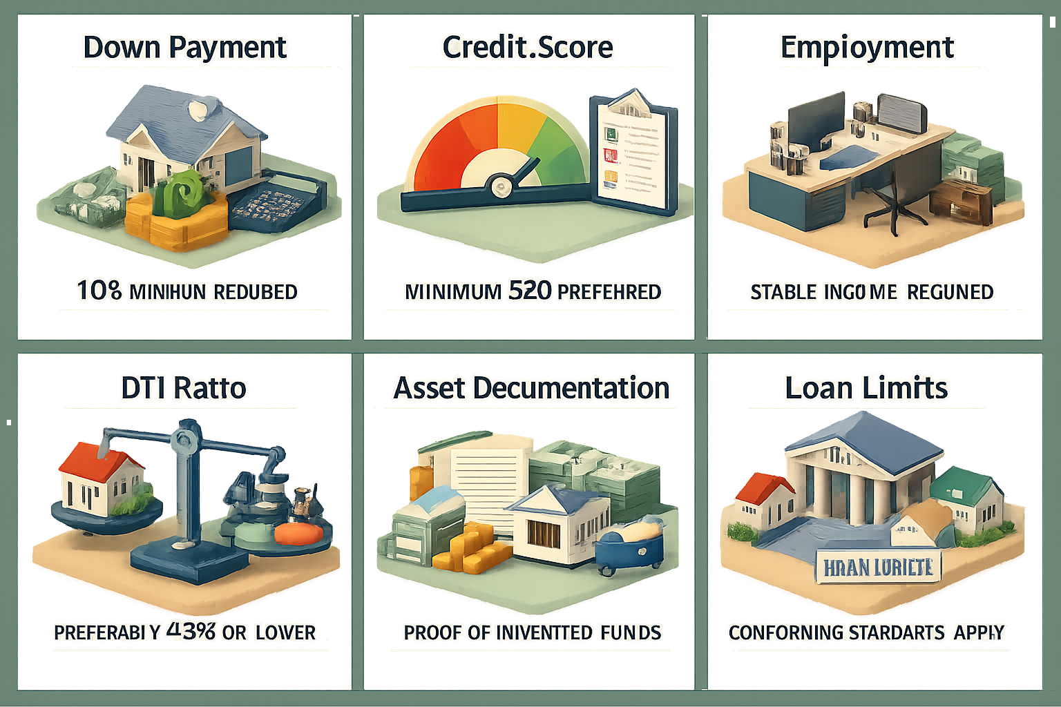 Infographic detailing requirements for a conventional loan with 10% down from inheritance after job loss, including down payment, credit score, employment, DTI ratio, asset documentation, and loan limits.