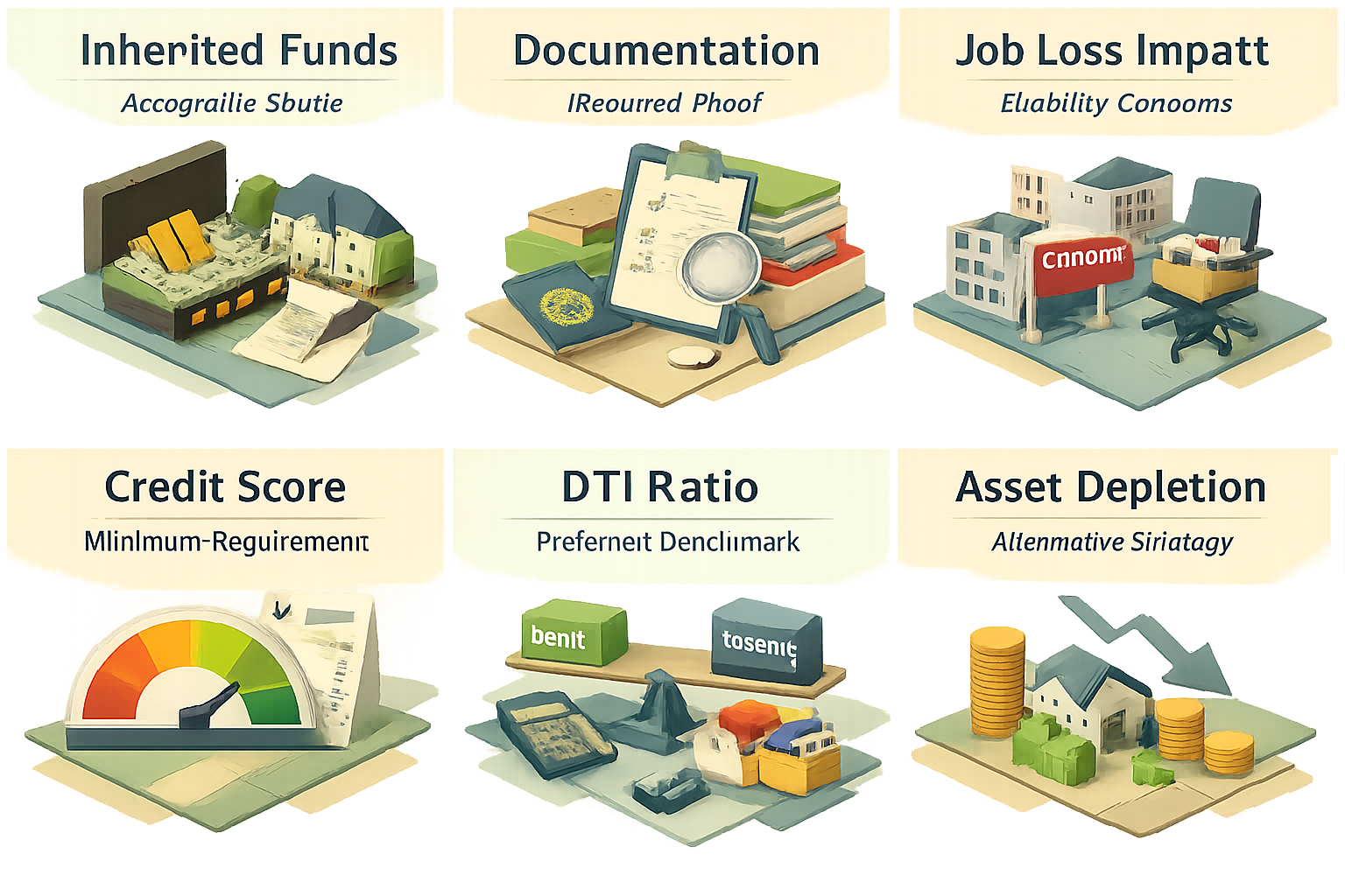 Infographic showing requirements for using inherited funds, documentation needed, job loss impact, credit score, DTI ratio, and asset depletion strategy.