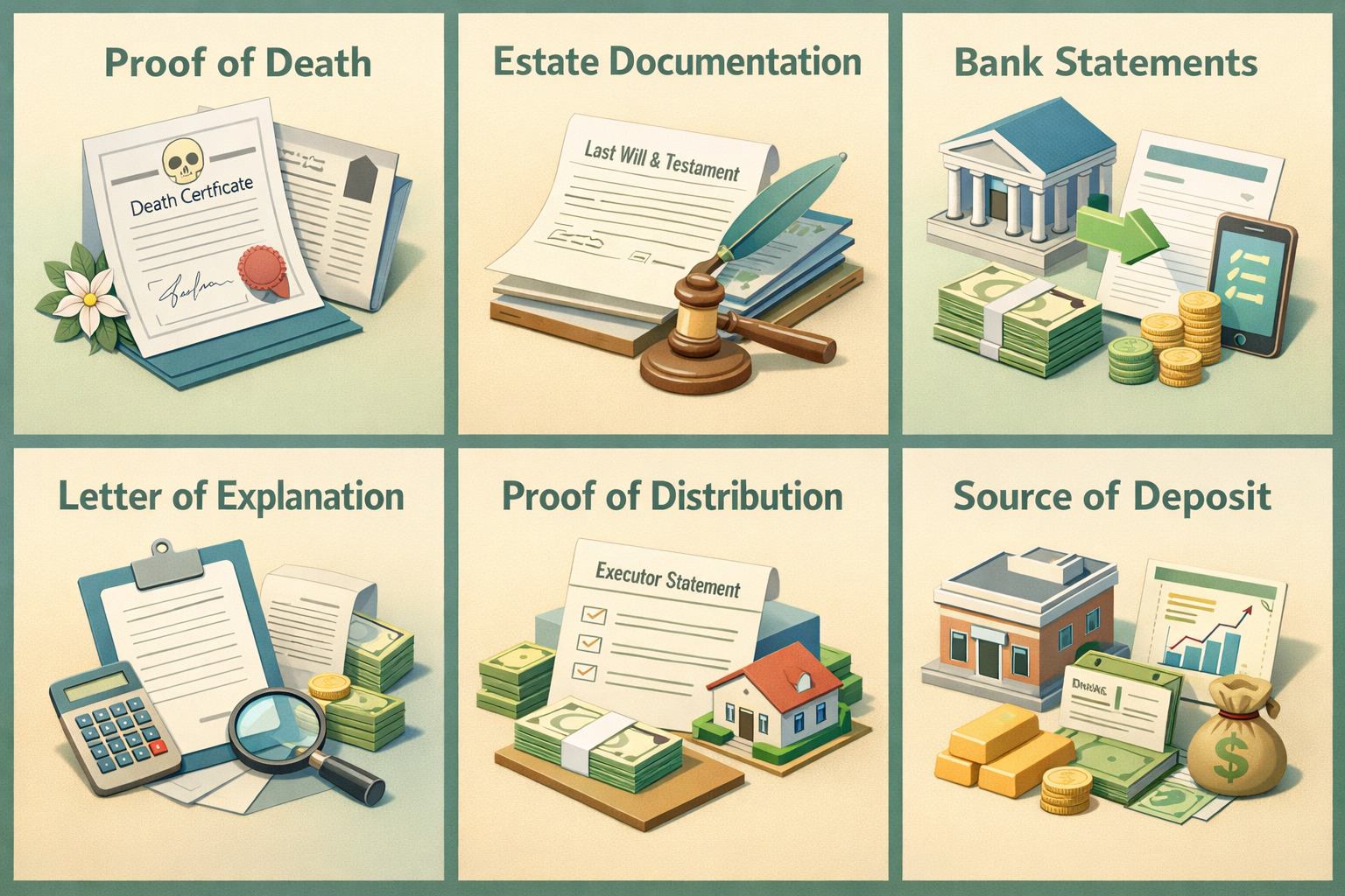 Infographic showing key documentation for using inherited funds as a down payment on a conventional loan, including proof of death and estate documentation.