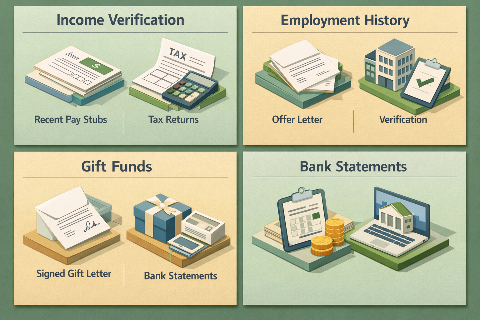 Infographic showing documentation needed for conventional loan approval including income verification, employment history, and gift funds.